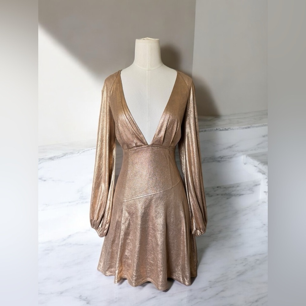 FREE PEOPLE | Good As Gold Foil Metallic Holiday Tie Wrapped Plunge Mini Dress 4 - Picture 2 of 7